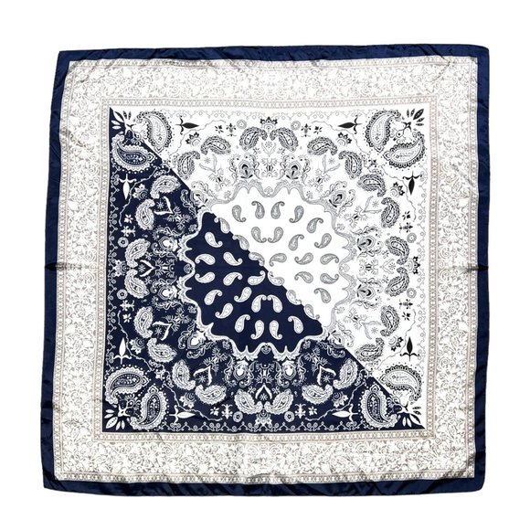 NEW Blue Ivory Paisley Floral Printed Square Silky Scarf Wrap - Picture 6 of 11